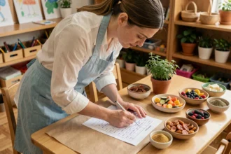 Enseignante évaluant une activité manuelle sensorielle sur la semaine du goût avec une grille d'évaluation imprimée posée sur une table en bois entourée d'échantillons alimentaires colorés