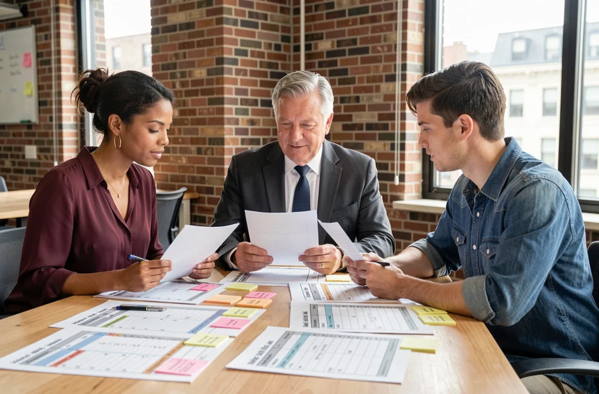Équipe de travail analysant ensemble un planning de rotation semaines paires et impaires sur des feuilles imprimées