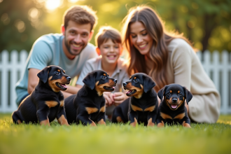 Famille souriante avec chiots rottweiler dans le jardin ensoleille