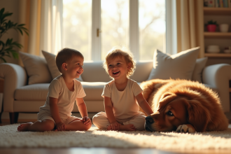 Famille heureuse avec chien Newfoundland dans le salon lumineux