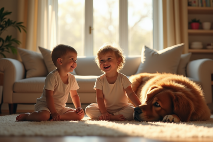 Famille heureuse avec chien Newfoundland dans le salon lumineux