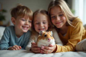 Famille souriante avec hamster dans le salon lumineux