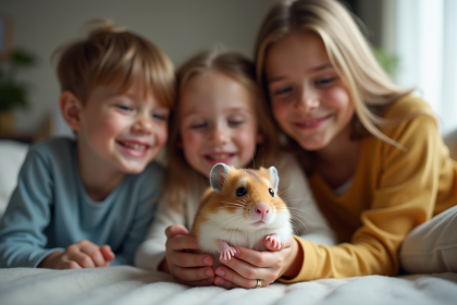 Famille souriante avec hamster dans le salon lumineux
