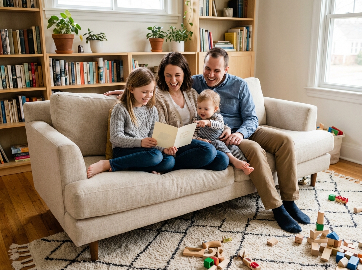 Famille jeune riant avec annonce naissance dans salon lumineux