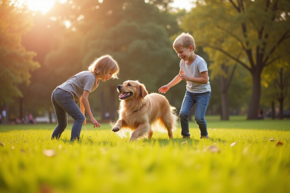 Famille heureuse jouant avec un labrador dans un parc ensoleille