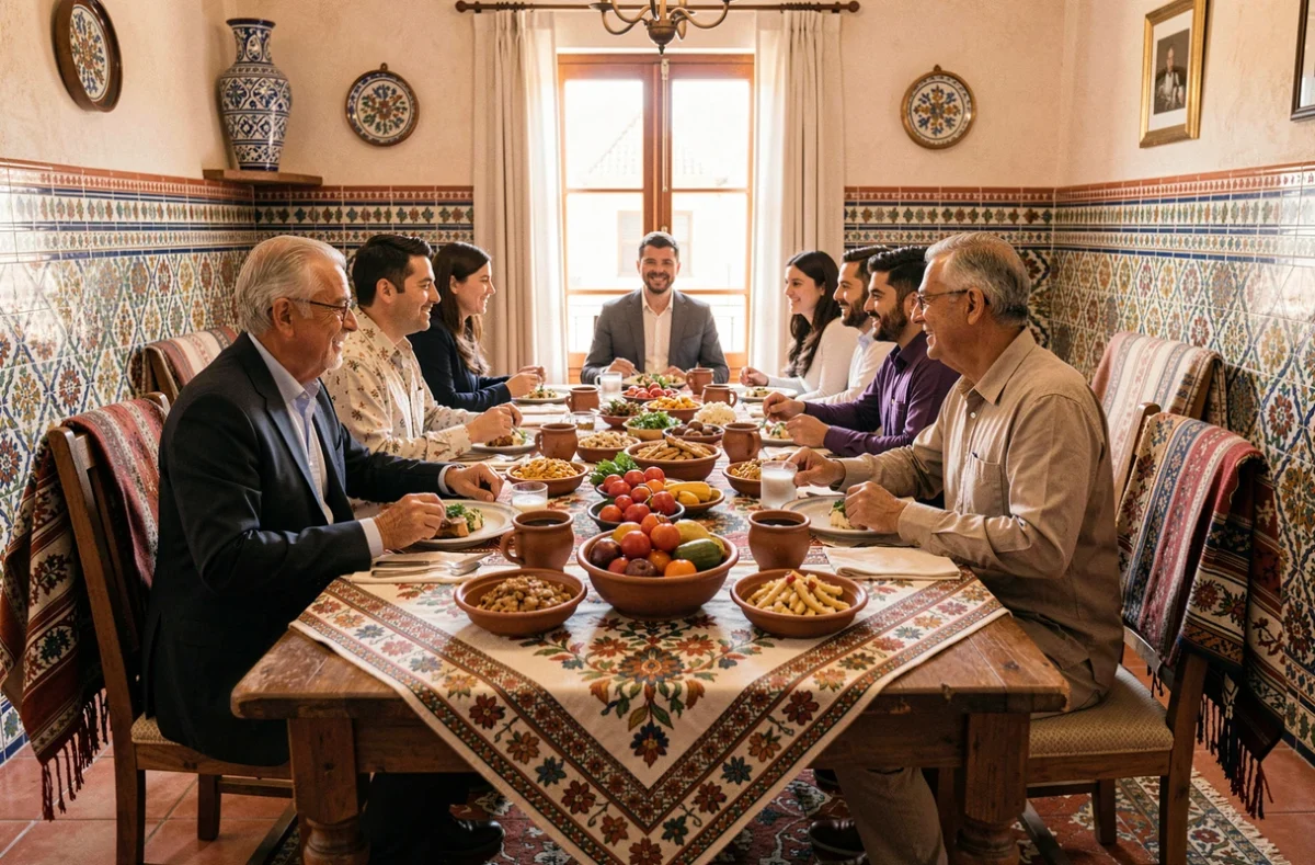 Famille nord-africaine multigénérationnelle réunie autour d'un repas traditionnel dans un intérieur algérien orné de céramiques et de textiles artisanaux