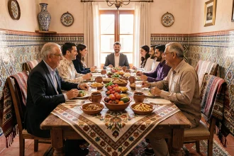 Famille nord-africaine multigénérationnelle réunie autour d'un repas traditionnel dans un intérieur algérien orné de céramiques et de textiles artisanaux