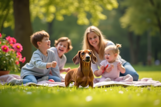 Famille pique-niquant dans un parc ensoleille avec leur chien merle dachshund