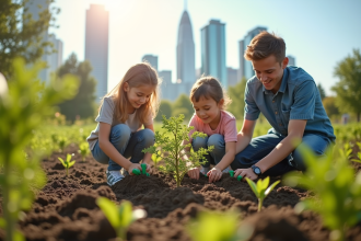 Famille plantant des arbres dans un jardin urbain ensoleille