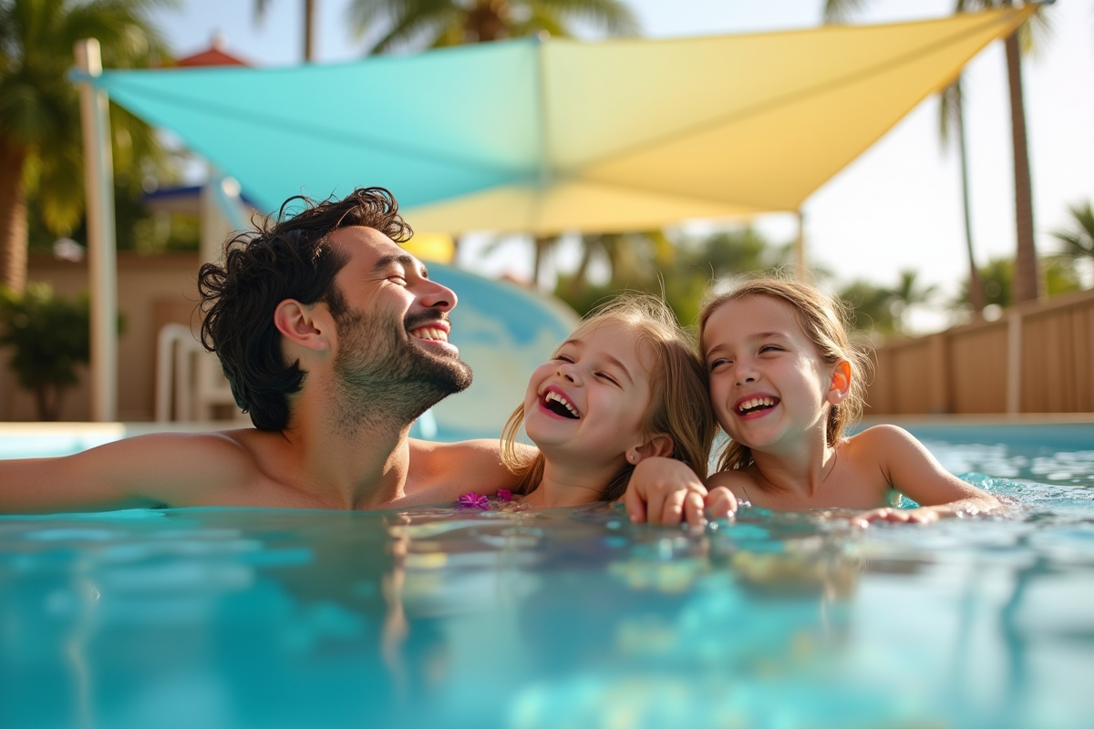 Famille détendue au bord de la piscine à Mille en été