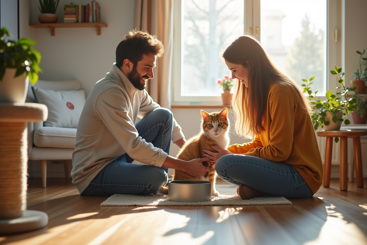 Famille heureuse installant accessoires pour animal