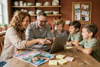 Famille recomposée planifiant des vacances en famille autour d'une table avec ordinateur et brochures de voyages à petit budget