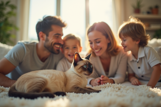 Famille heureuse avec chat siamese mix dans un salon lumineux