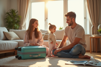 Famille souriante préparant ses valises dans un salon lumineux