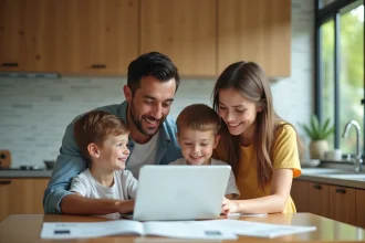 Famille souriante vérifiant prix de vol à la maison