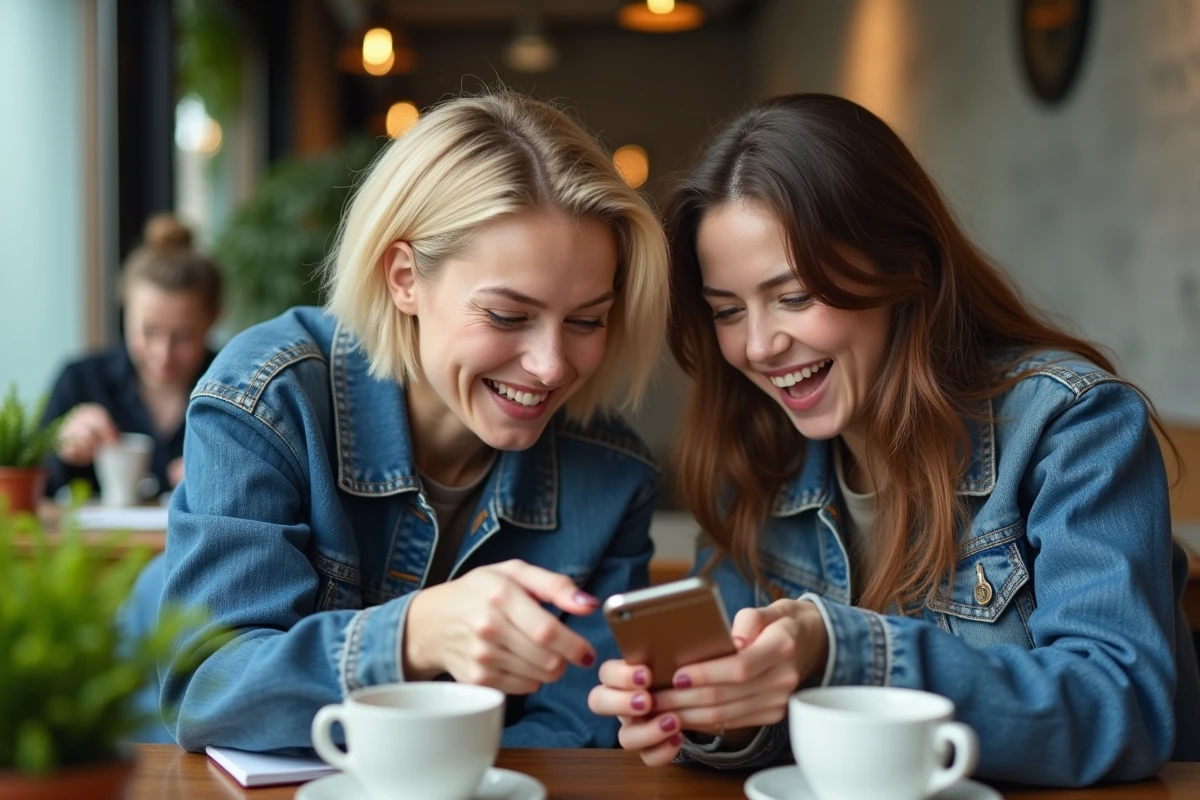 Deux femmes fans de Jul découvrant un détail caché dans sa musique sur smartphone dans un café