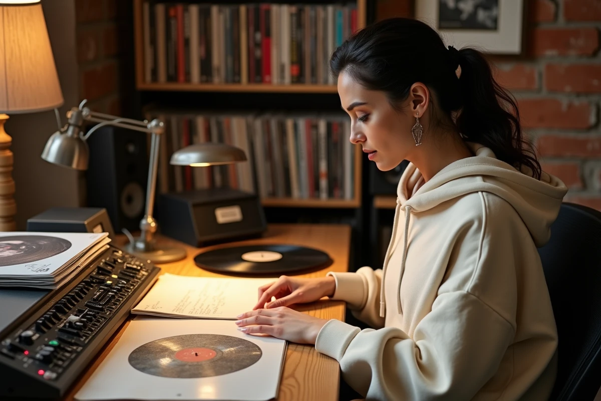Femme analysant les paroles et pochettes de vinyles de Jul dans un studio d'enregistrement maison