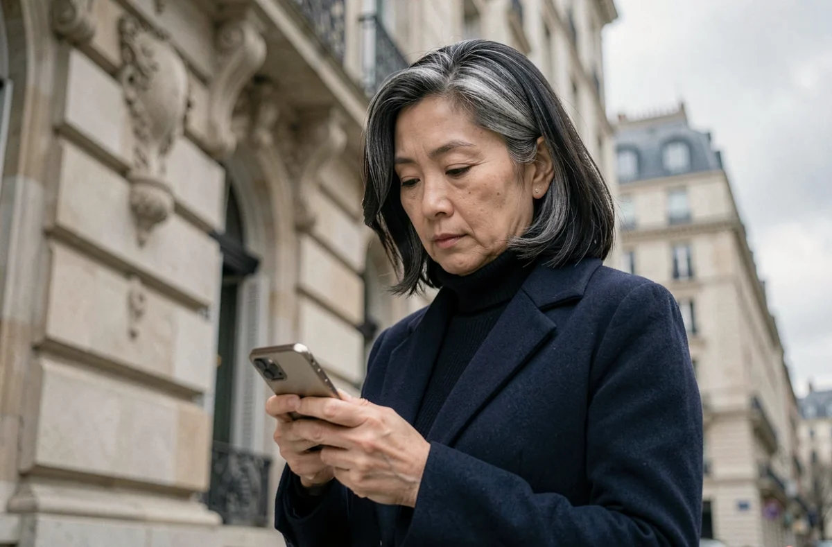 Femme parisienne d'apparence asiatique consultant son téléphone devant une façade en pierre haussmannienne, expression pensive et discrète
