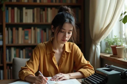 Femme auteure-compositrice dans son bureau parisien, entourée de carnets et de livres féministes, illustrant la cohérence entre vie privée et écriture militante