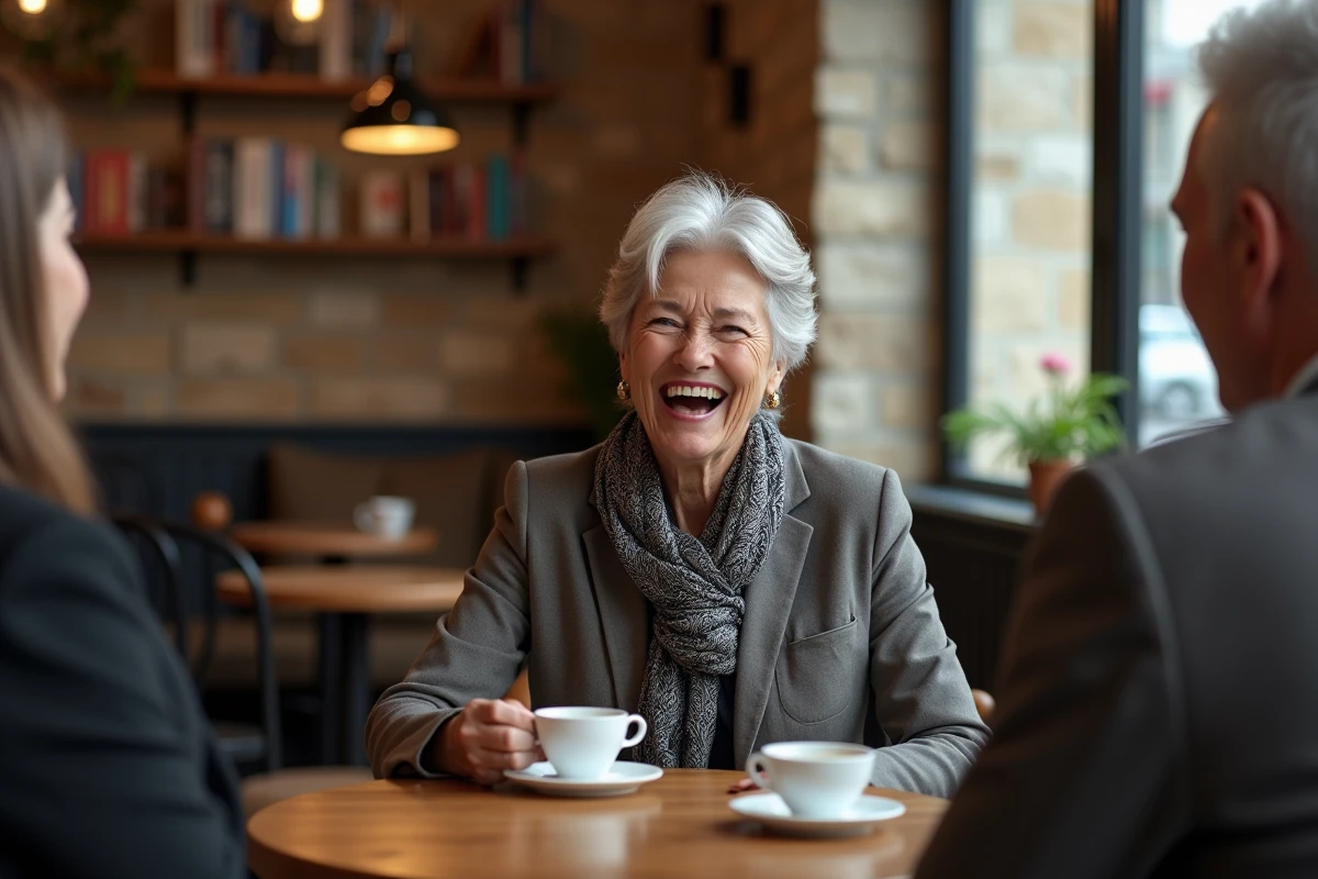 Femme rieuse dans un café cosy avec tasse de café