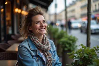 Femme assise au café parisien avec sourire naturel
