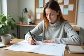 Femme consultant un calendrier papier 2026 pour identifier les semaines paires et impaires à son bureau