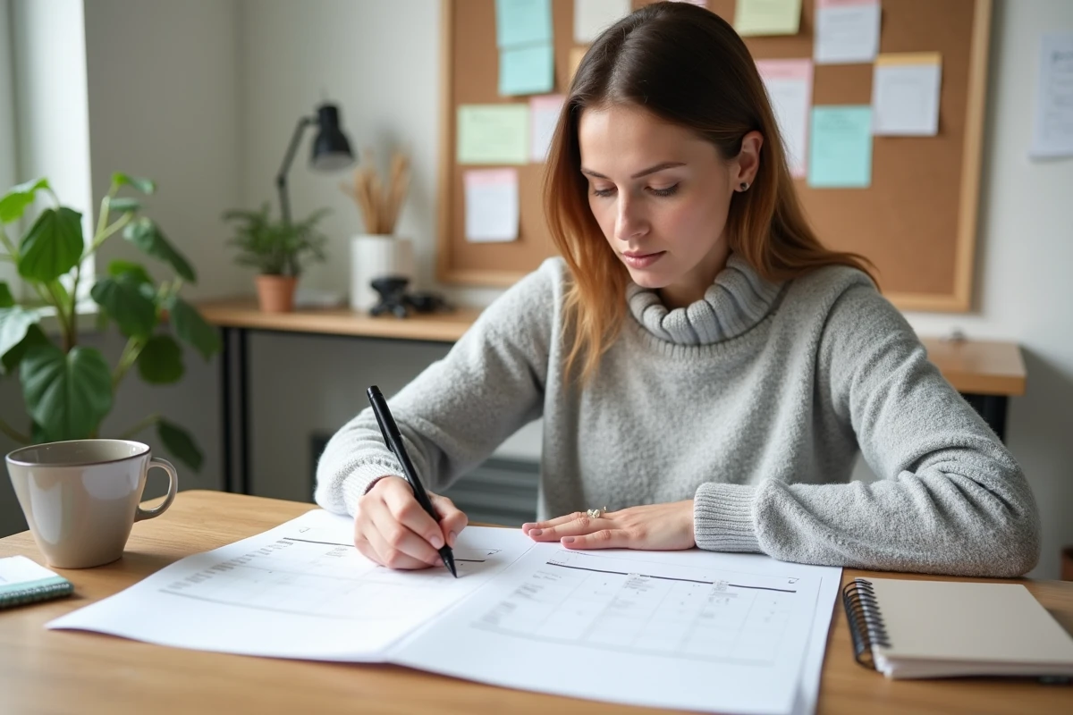 Femme consultant un calendrier papier 2026 pour identifier les semaines paires et impaires à son bureau