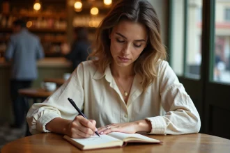 Jeune femme écrivant des prénoms italiens dans un carnet dans un café parisien