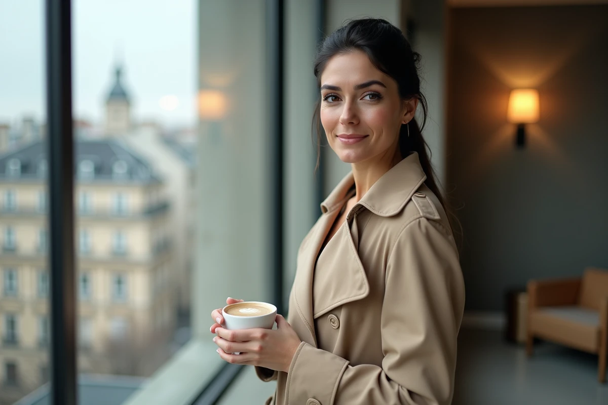 Femme confiante en imperméable beige tenant un café près d'une fenêtre urbaine, symbolisant un nouveau chapitre de vie