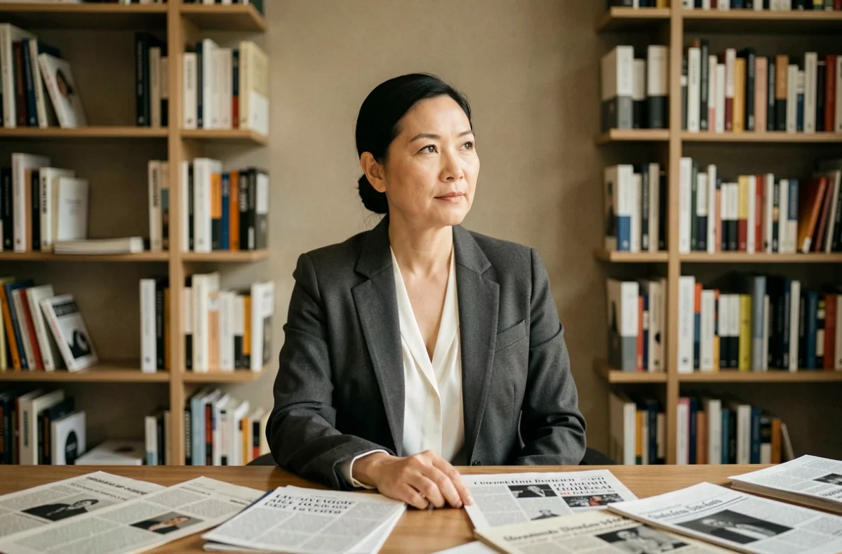 Femme d'origine franco-vietnamienne assise à un bureau éditorial entouré d'articles de presse, regard discret et posture réservée