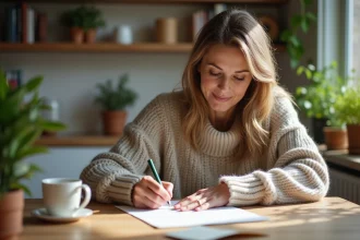 Femme écrivant une carte d anniversaire dans une cuisine chaleureuse