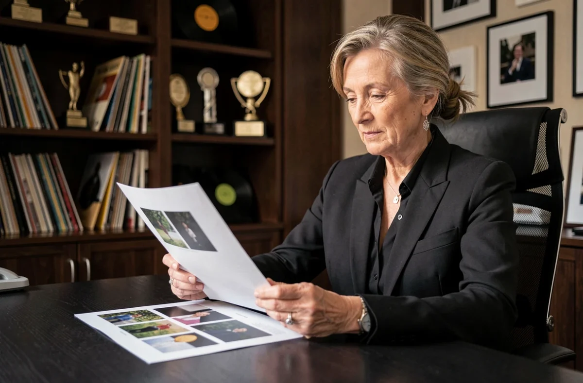 Portrait éditorial d'une femme élégante dans la soixantaine, assise dans un bureau parisien raffiné entouré de disques vinyle et de récompenses encadrées