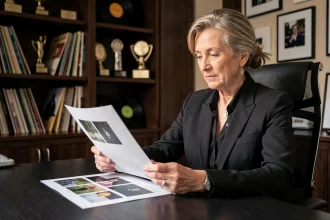 Portrait éditorial d'une femme élégante dans la soixantaine, assise dans un bureau parisien raffiné entouré de disques vinyle et de récompenses encadrées