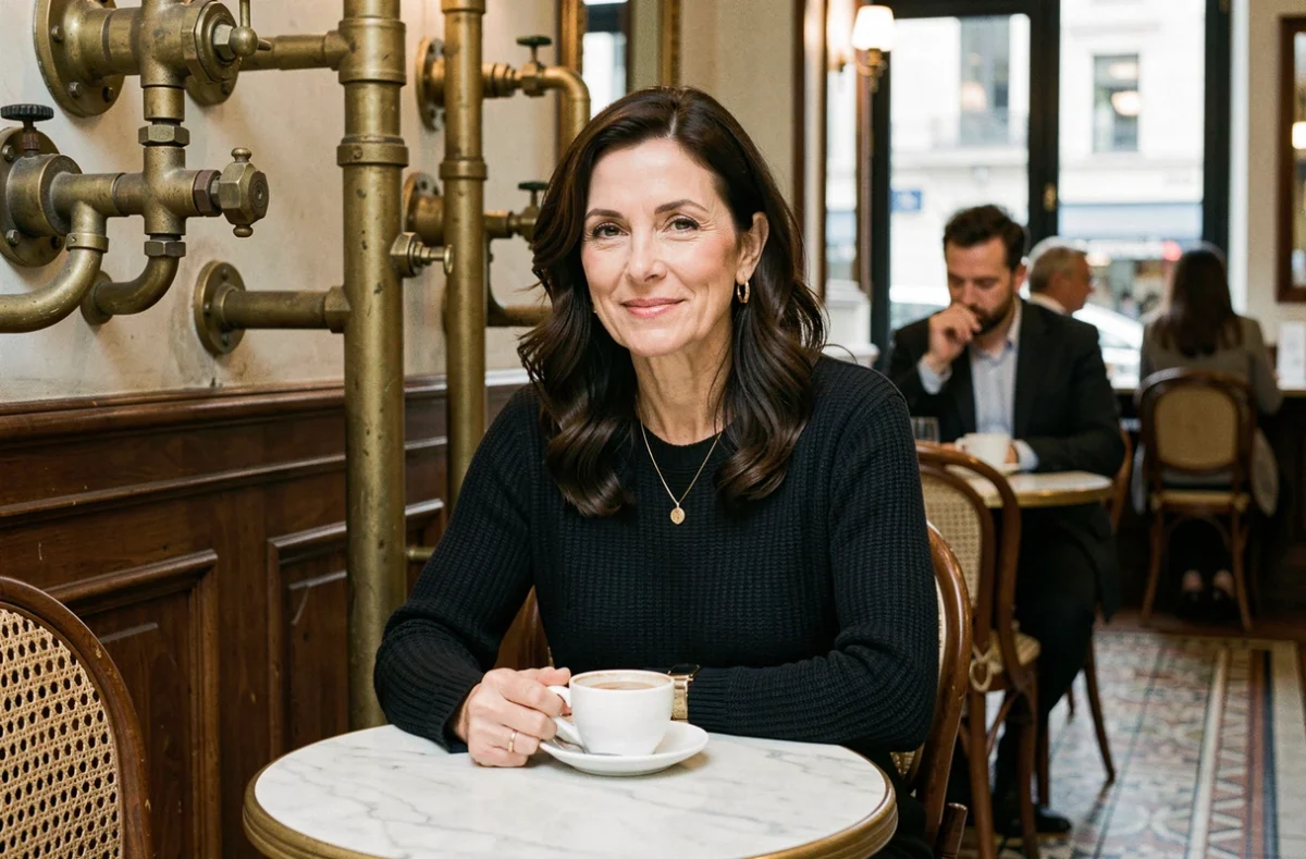 Femme élégante attablée dans un café parisien traditionnel, illustration d'un article biographique sur Juliette Plumecocq Mech et sa vie personnelle