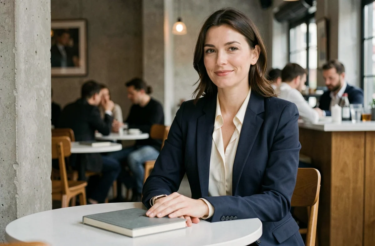 Femme élégante dans un café parisien, symbole de discrétion et de modernité dans la vie de couple