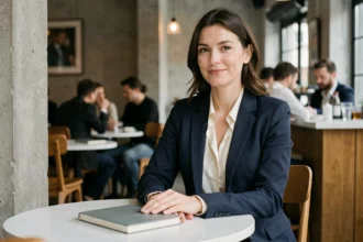 Femme élégante dans un café parisien, symbole de discrétion et de modernité dans la vie de couple