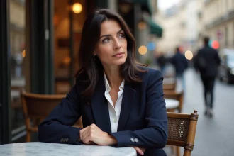 Femme élégante assise à la terrasse d'un café parisien, regard pensif, illustrant un nouveau départ amoureux