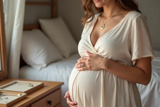 Femme enceinte avec collier bola dans une chambre chaleureuse