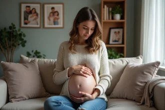 Femme enceinte assise sur un canapé dans un intérieur chaleureux