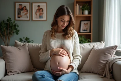 Femme enceinte assise sur un canapé dans un intérieur chaleureux