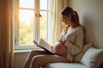 Femme enceinte lisant un livre de noms de bébé en lumière naturelle