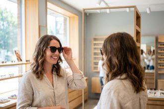 Femme essayant des lunettes de soleil dans une boutique d'optique moderne pour profiter d'une deuxième paire offerte