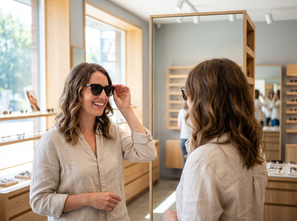 Femme essayant des lunettes de soleil dans une boutique d'optique moderne pour profiter d'une deuxième paire offerte