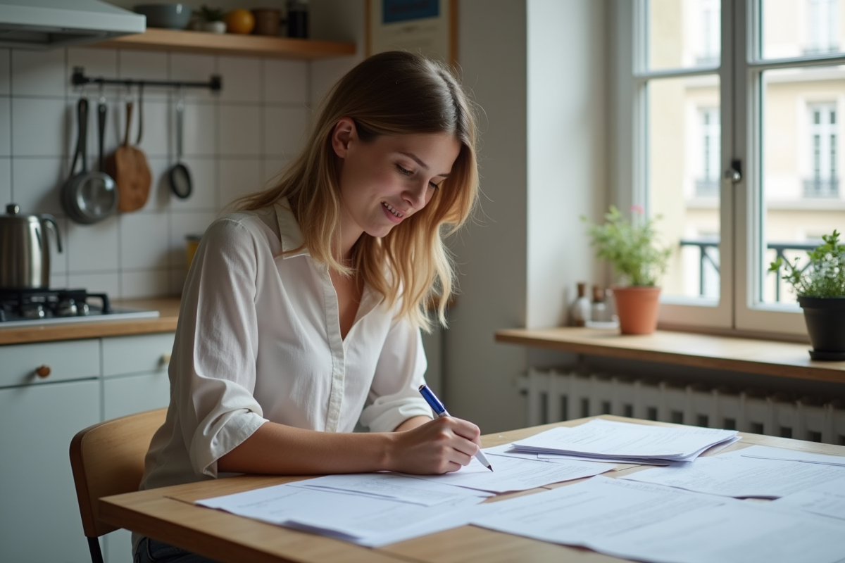 Jeune femme remplissant des formulaires dans une cuisine lumineuse