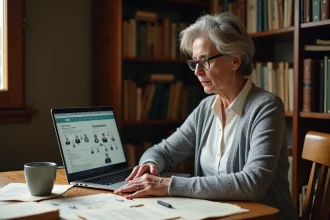 Femme d'une cinquantaine d'années comparant les outils de généalogie Roglo et Geneanet sur un ordinateur portable dans un bureau à domicile rempli de documents anciens