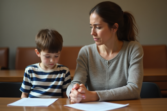 Femme inquiète tenant son enfant dans une salle d'attente de tribunal