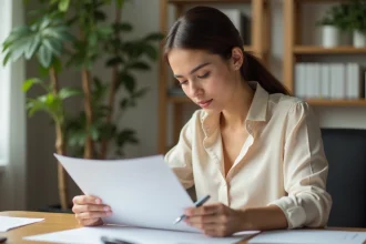 Femme lisant une lettre de demande de congé parental acceptée à son bureau à domicile