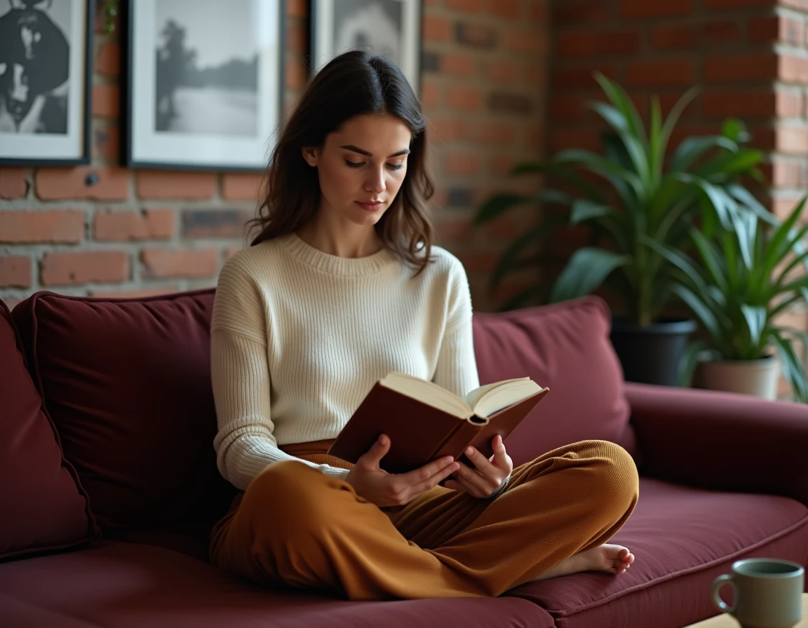 Femme lisant un livre sur un canapé en velours bordeaux dans un intérieur bohème, illustrant l'intimité personnelle et le féminisme dans la vie quotidienne