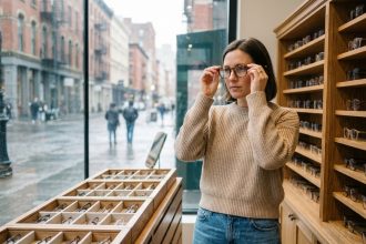 Femme essayant des lunettes dans une boutique moderne