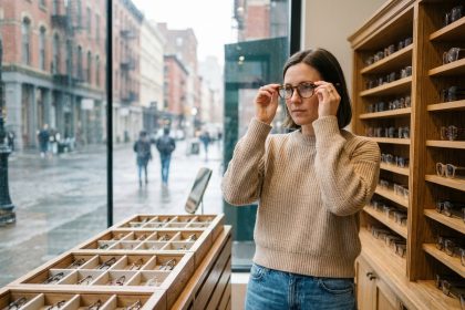 Femme essayant des lunettes dans une boutique moderne
